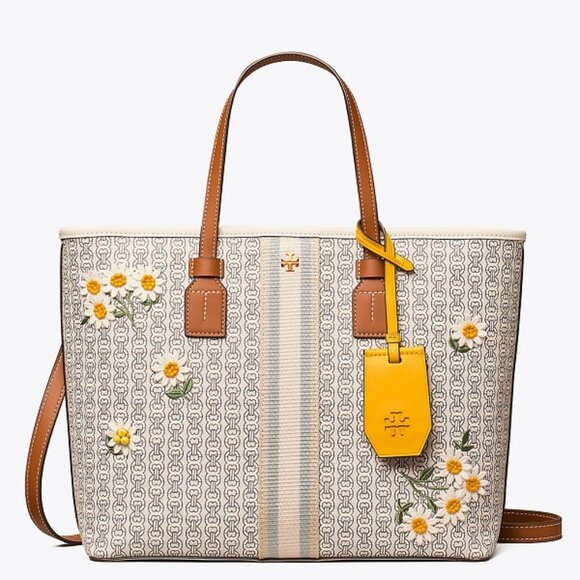 Tory Burch Gemini Link Large Canvas Daisy Appliqué Tote Removable Strap - Picture 3 of 11